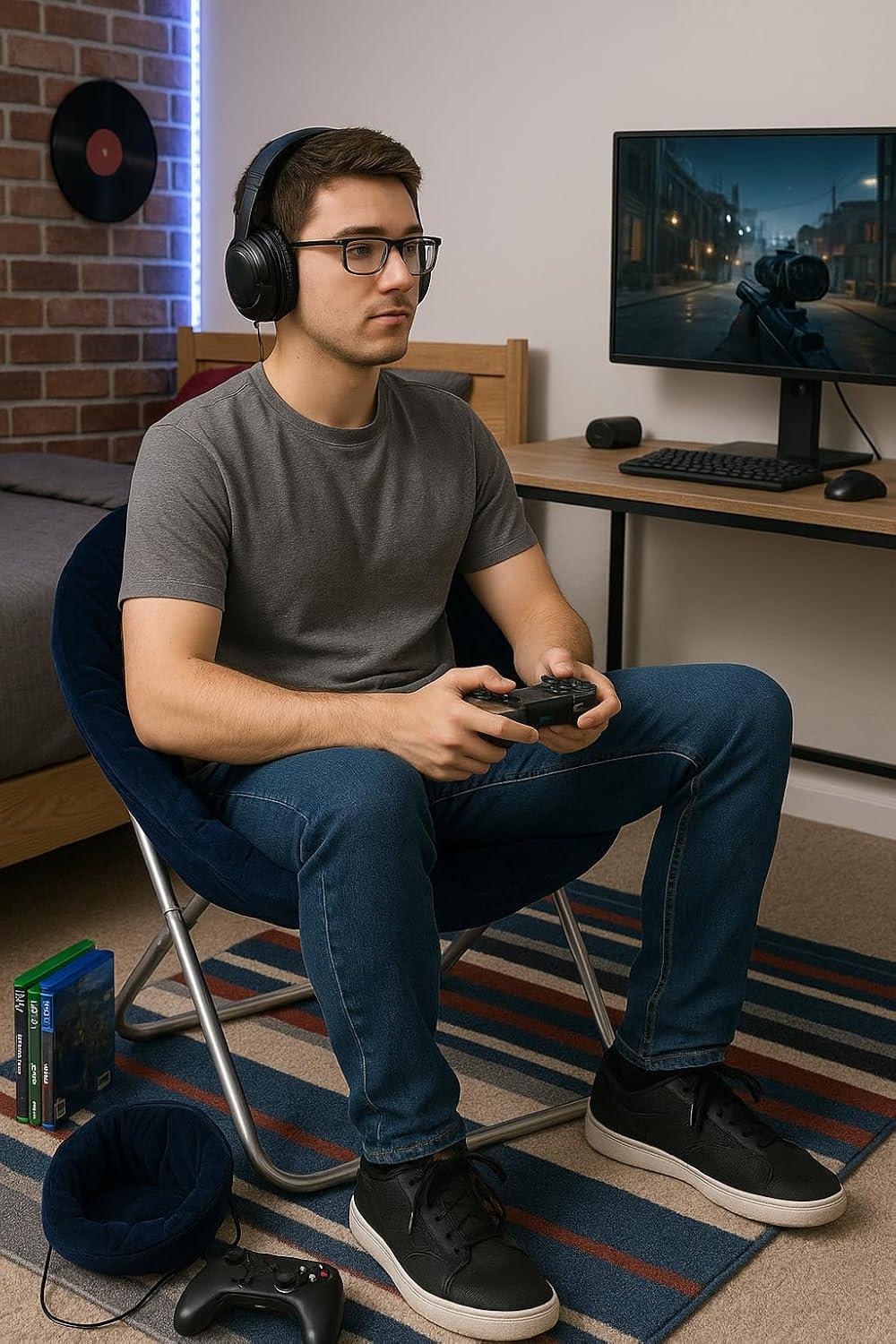 imageUrban Lifestyle Super Soft Faux Fur Saucer Chair with Folding Metal Frame AquaNavy