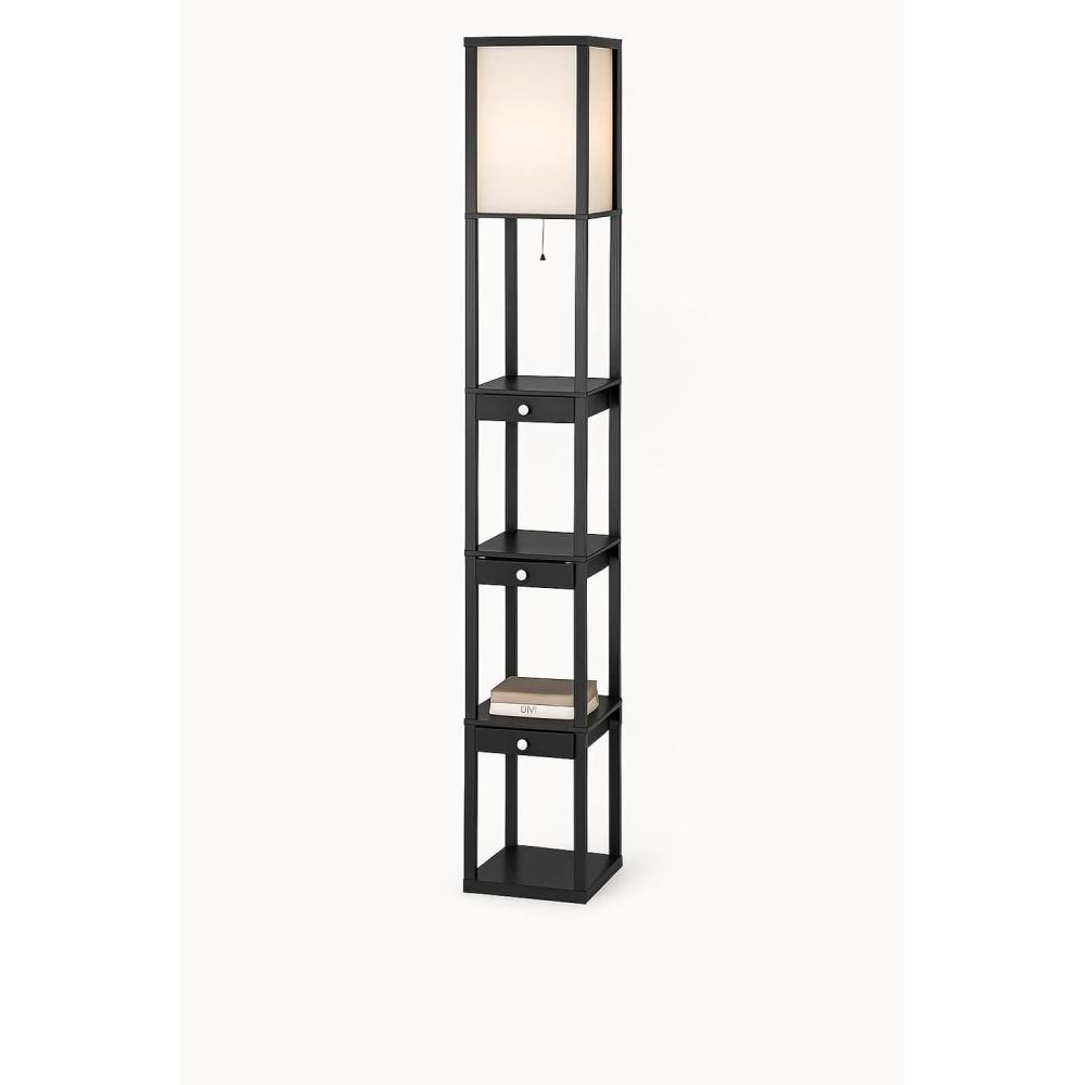 imageUrban Lifestyle Modern Black Shelf Floor Lamp with Fabric Shade Tall Standing Lamp with 3Tier Storage Shelves Pull Chain Ideal for Living Room Bedroom OfficeBlack