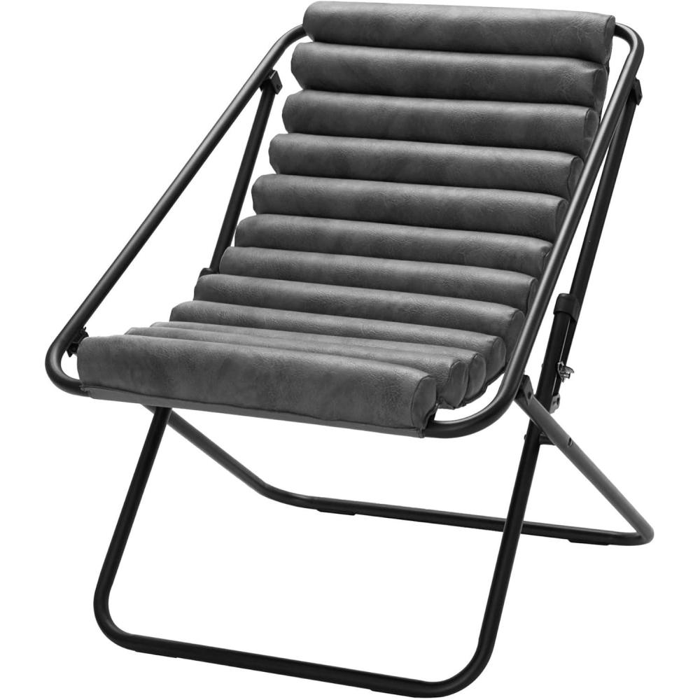 imageUrban Lifestyle Vegan Leather Ribbed Folding Sling Lounge Chair with Metal FrameIvory28quotx22quotx30quotGrey