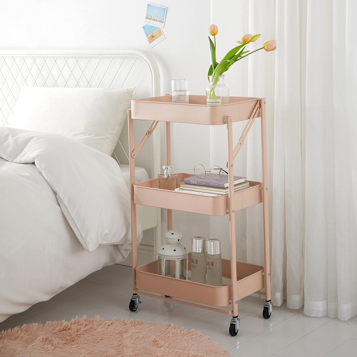 imageUrban Lifestyle 3 Tier Foldable Metal Rolling Storage Utility Cart No Tools Assembly BlushBlush