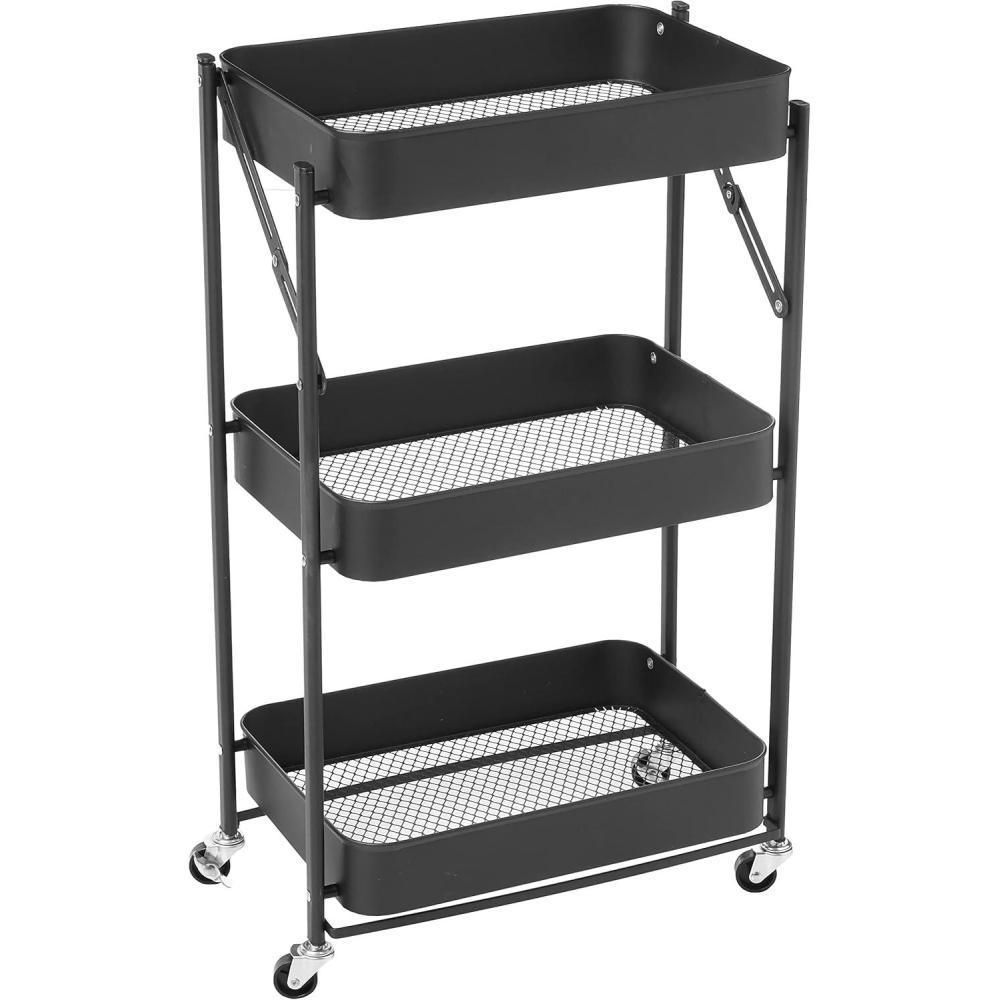 imageUrban Lifestyle 3 Tier Foldable Metal Rolling Storage Utility Cart No Tools Assembly BlushBlack