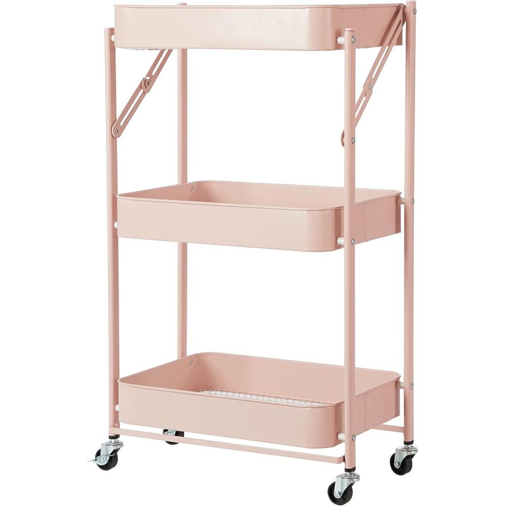 imageUrban Lifestyle 3 Tier Foldable Metal Rolling Storage Utility Cart No Tools Assembly BlushBlush
